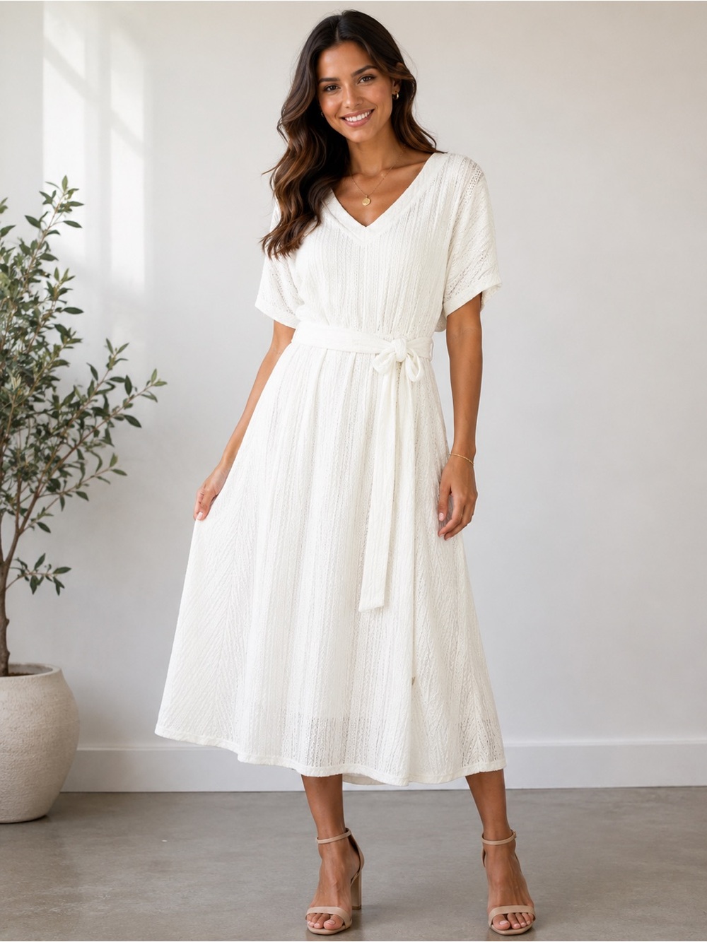 NWT Red Dress Aura Dress Sz Large Ivory Tie-Waist Elastic Waist Midi Dress
